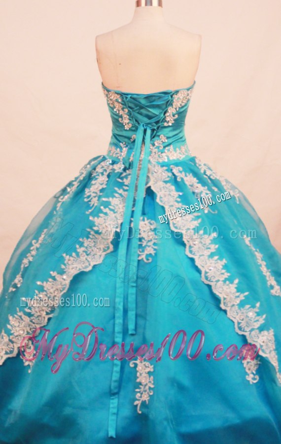 Popular Teal Appliques Hem Ball Gowm Quince Dresses for Cheap